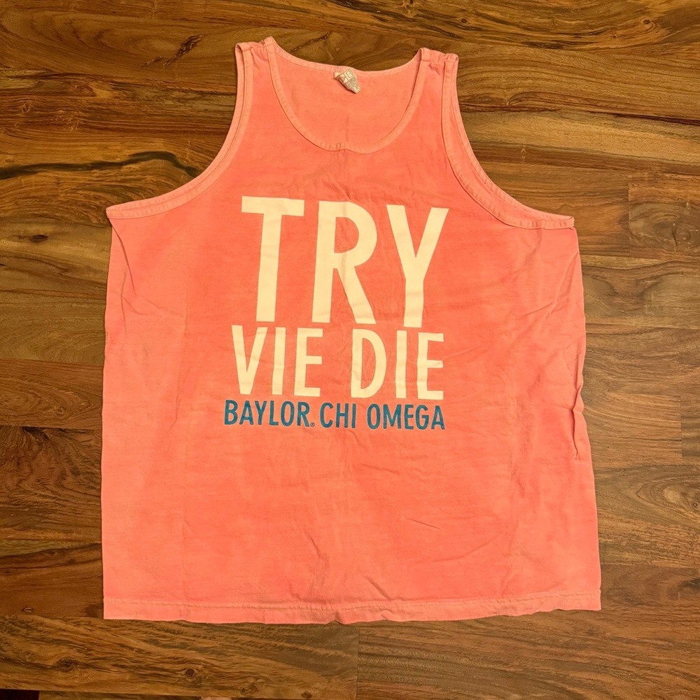 Baylor Chi Omega Alstyle Coral Tank Top with Cream and Blue Print